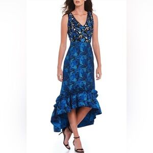 Belle Badgley Mischka Floral Embroidered Ruffle High-Low Jacquard Gown
